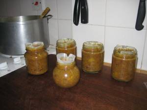 IMG_0026 Hot chutney in hot jars with wax discs in place.