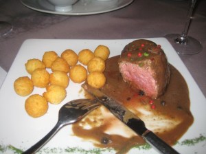 Steak with a mixed peppercorn sauce