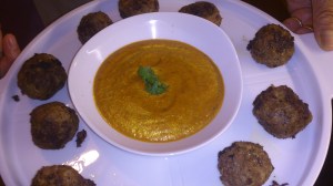 Lamb Kofta with Saffron dipping sauce.